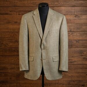 Tommy Hilfiger Blazer 42L Silk/Wool Herringbone Glen Plaid Greenish Beige Jacket